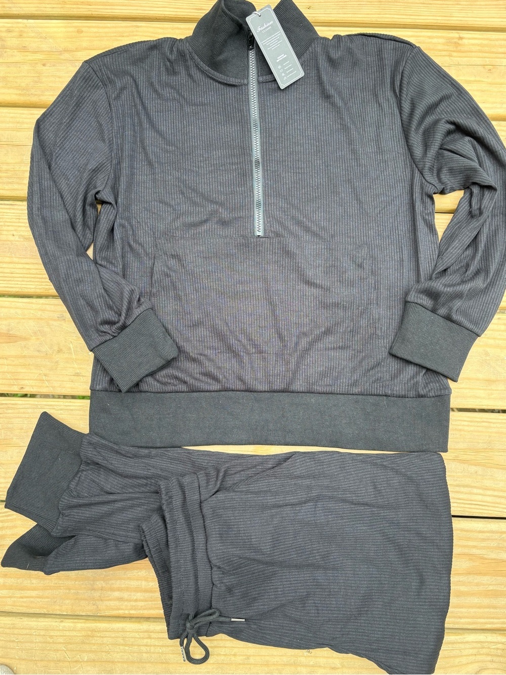 Women’s L Black Ribbed 2-Piece Jogger Set Half-Zip Pullover NWT - Picture 4 of 7